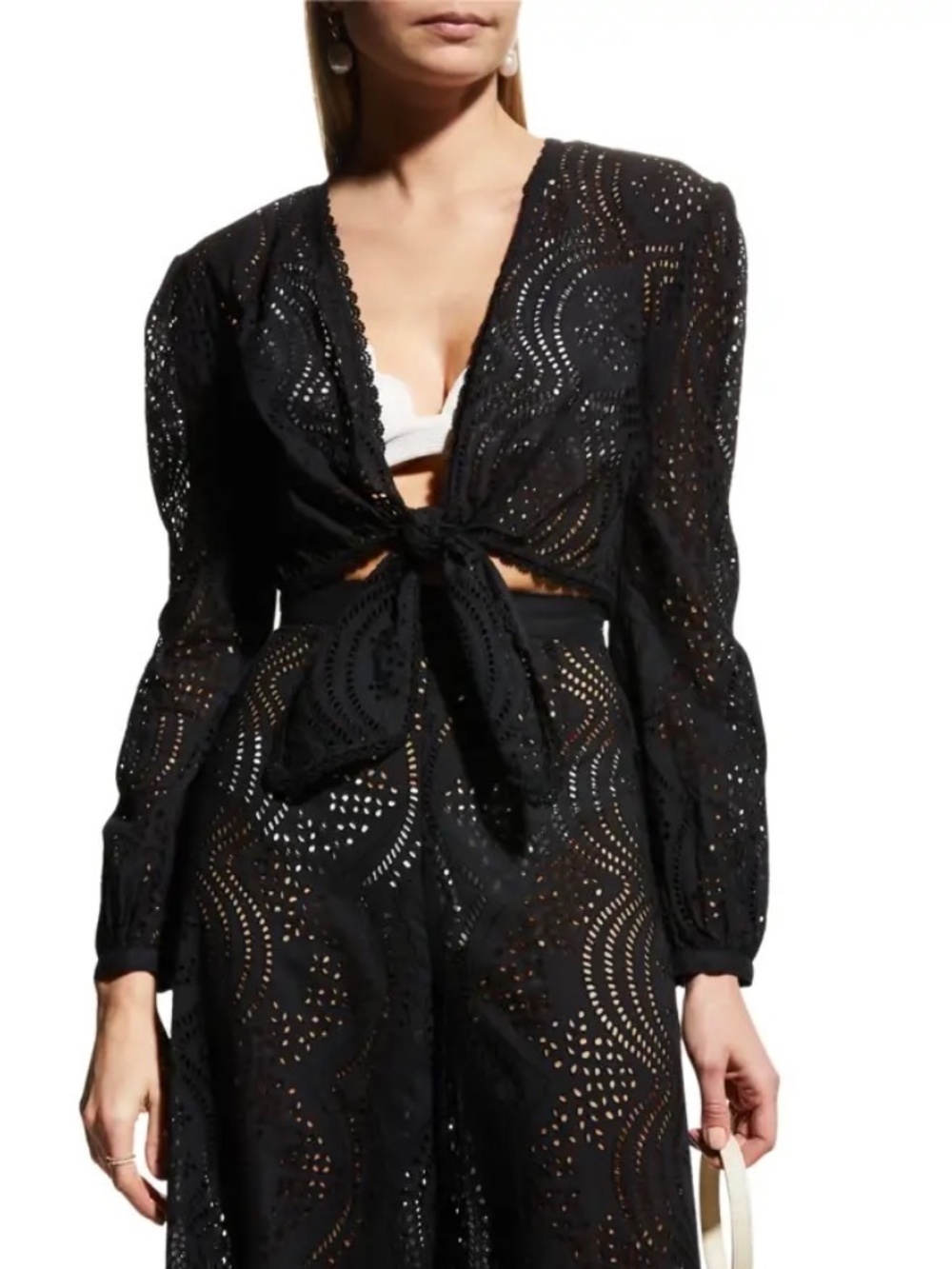 Miguelina Black Eyelet Embroidery Tie-Front Blouse